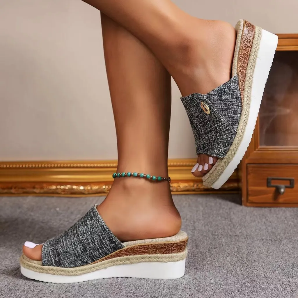 Denim Canvas Wedges Sandals Summer Fashion Hemp High Heel Slippers Outdoor Thick Bottom Fish Mouth Shoes For Women - Grey