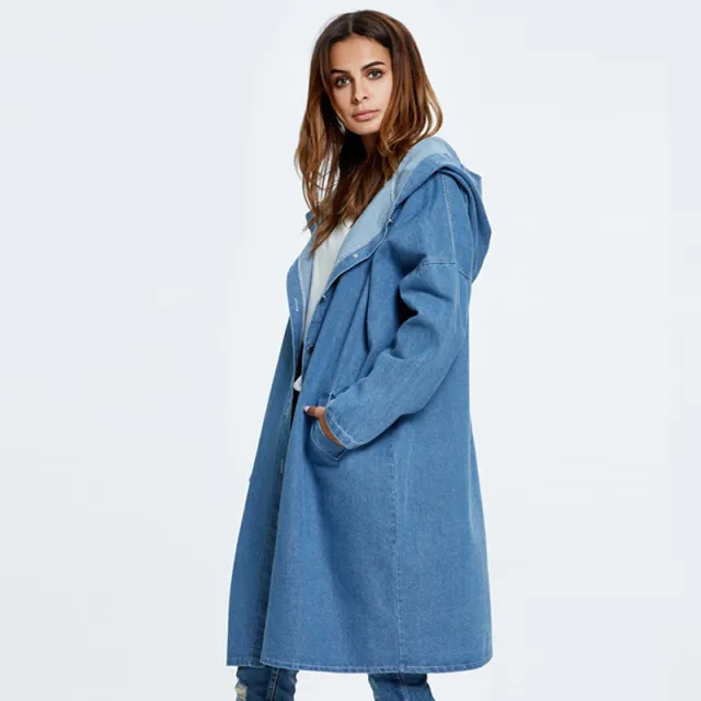 European And American Hooded Long Cardigan Denim Jacket Coat Light Blue - Shop at LoveMi