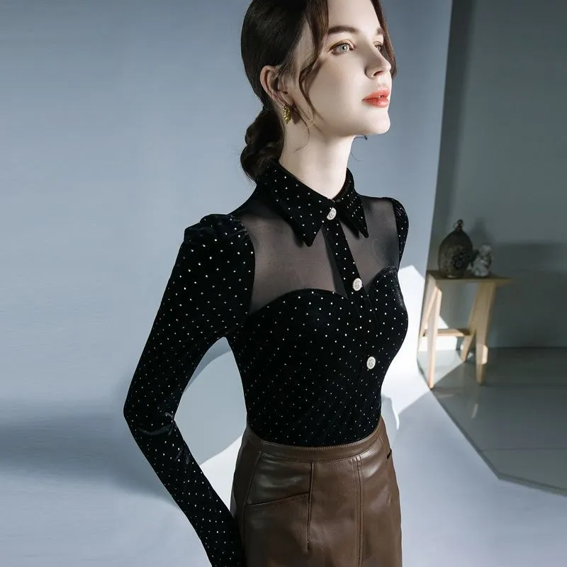 Polka Dot Shirt Women's Vintage Doll Collar Velvet Long Sleeves - Black