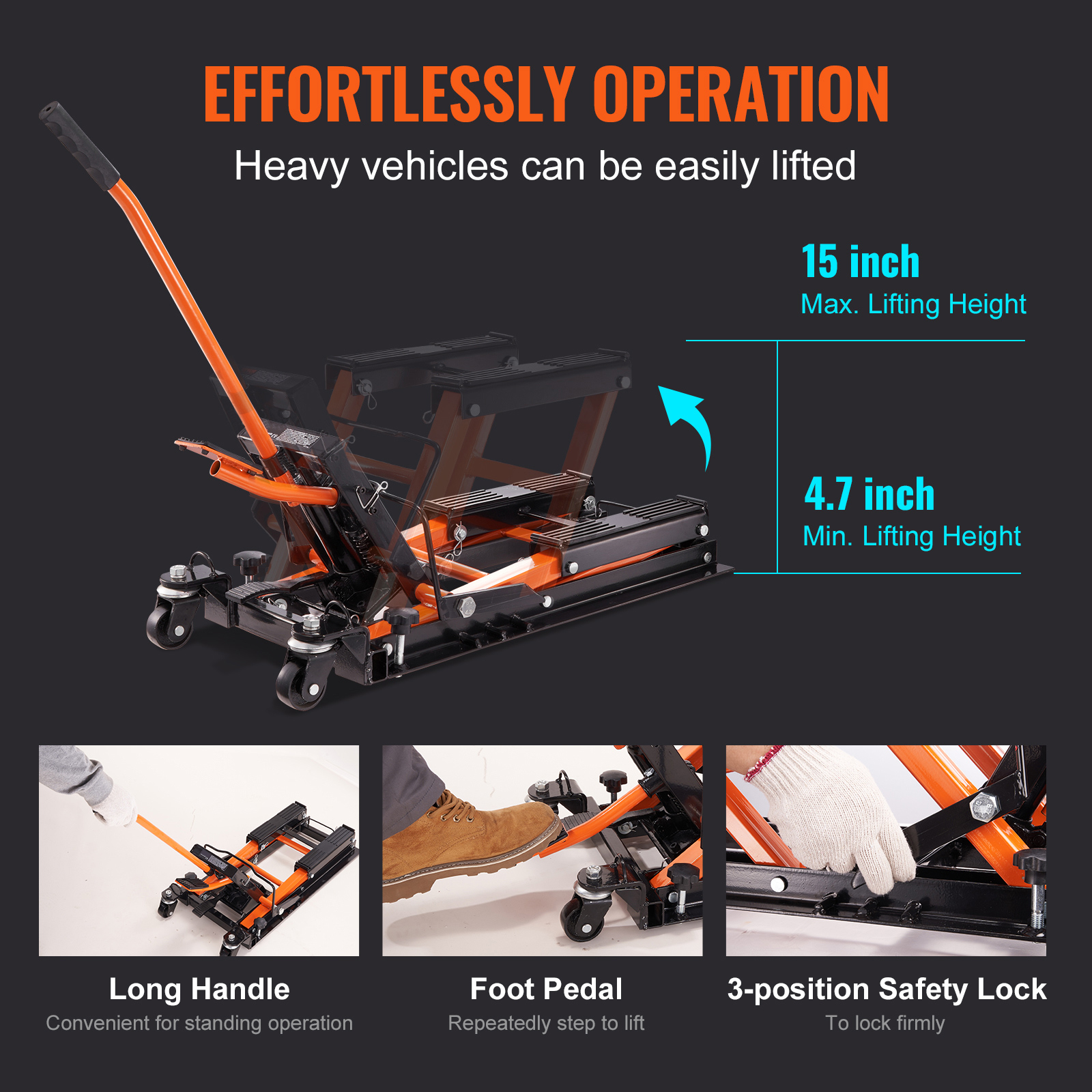 VEVOR Steel Hydraulic Motorcycle Jack Stand, 1500 LBS ATV Scissor Lift Jack, Scissor Lift Jack Stand With 4 Wheels, Hydraulic Foot-Operated Hoist Stand For Motorcycle ATV UTV Powersports image 2