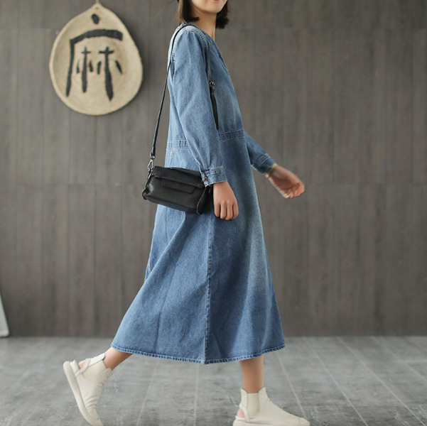 Women's Loose Plus Size Over The Knee Long Skirt Retro Long Sleeve Skirt