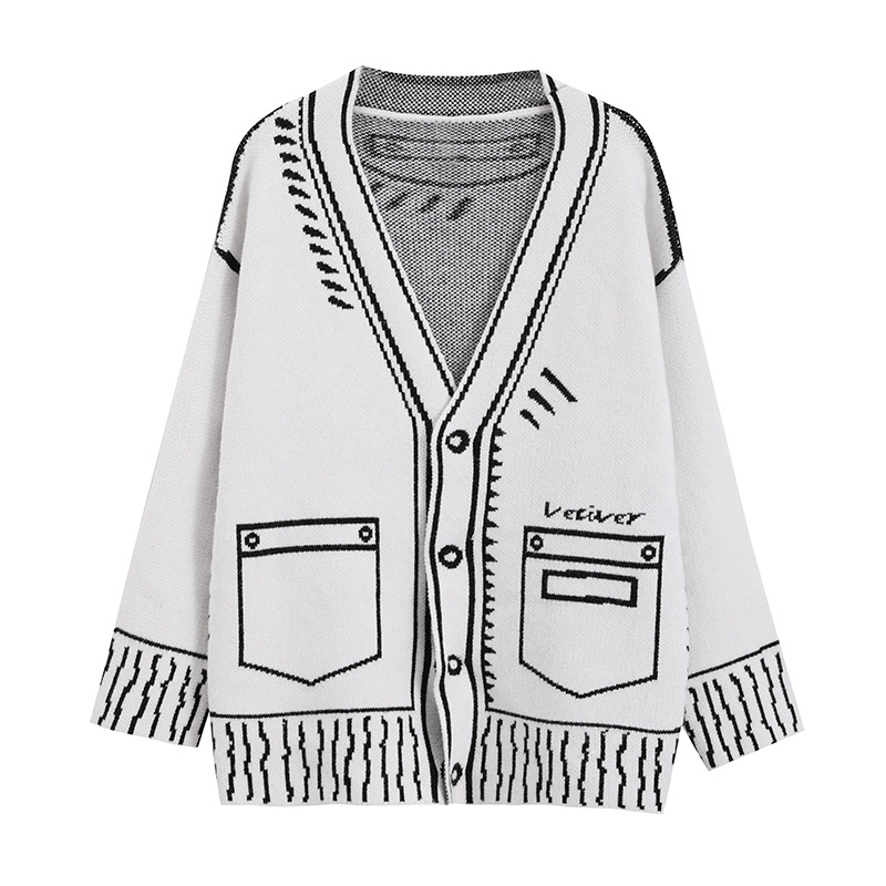 Lazy Comic Style Black And White Graffiti Knitted Sweater Cardigan