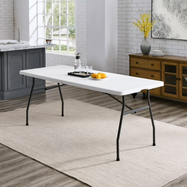 White 6 Foot Fold-in-Half Plastic Table, Indoor Outdoor, Scratch Resistant, Stain & UV Damage, Built-in Carry Handle Shipment From Walmart