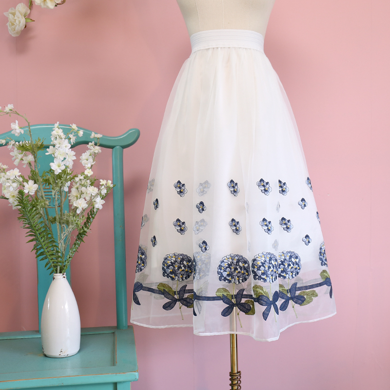 Organza Embroidered Skirt Fluffy Half Skirt Blue - Shop at LoveMi