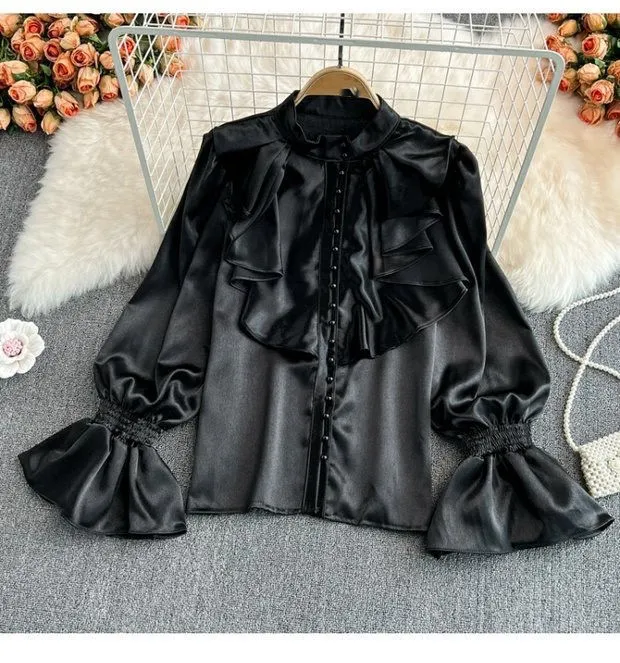 Bell Sleeve Stand Collar Acetate Satin Shirt French Style Design Loose Top For Women Black - Shop at LoveMi
