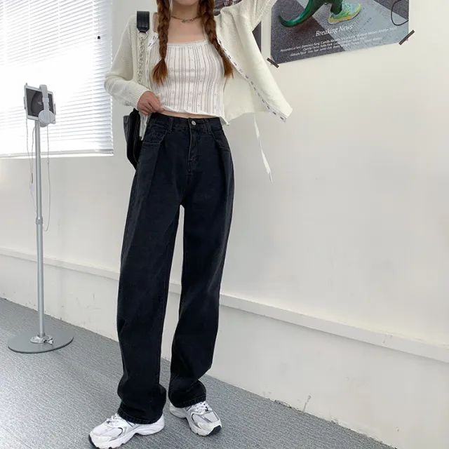 Women's Loose Retro High Waist Wide Leg Denim Mopping Pants Black - Shop at LoveMi