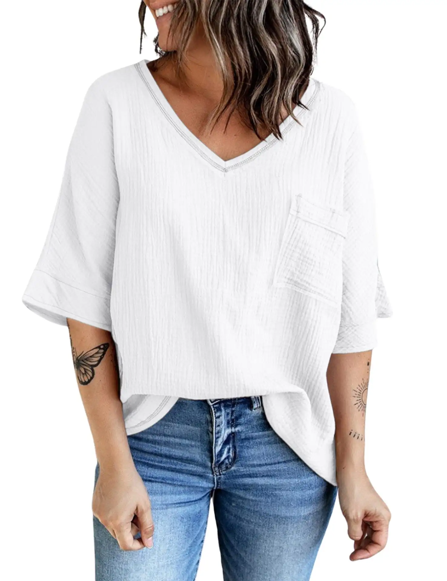 Spring And Summer New Shirt Fashion V-neck Pocket Split Half Sleeve Top For Women Ins