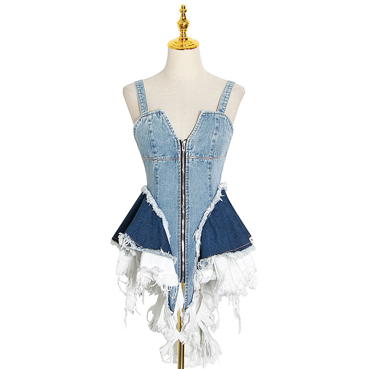 Raw-edged Old Color Matching Denim Suspender Dress