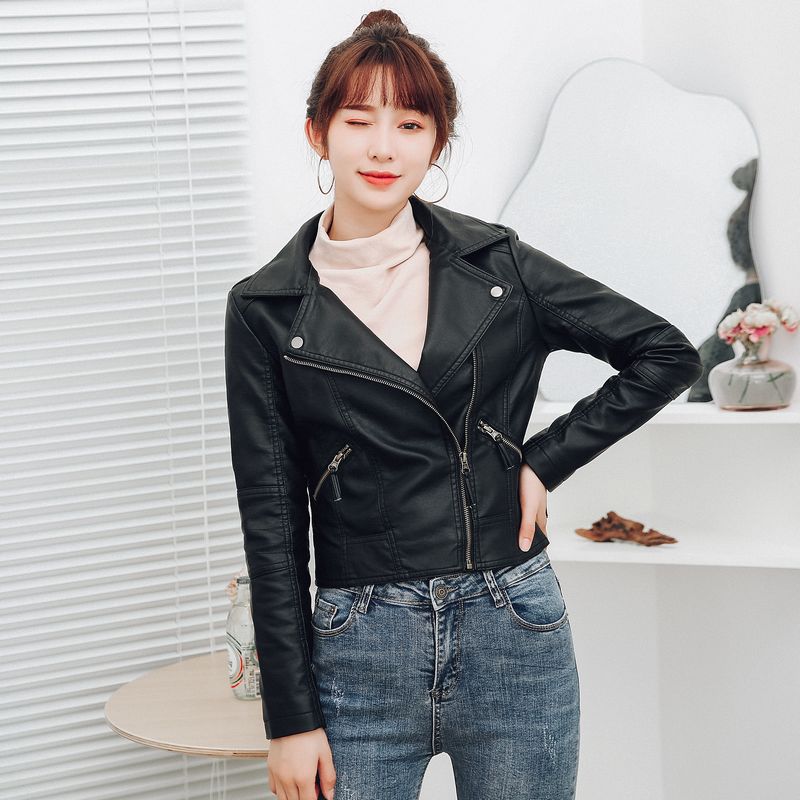 Women's Korean Style Slim Plus Size Leather Jacket Plus Fleece Short Coat
