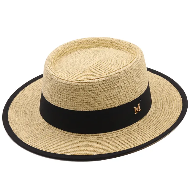 Straw Female Sun Simple Flat Top Letter Elegant White Top Hat Female Beige - Shop at LoveMi