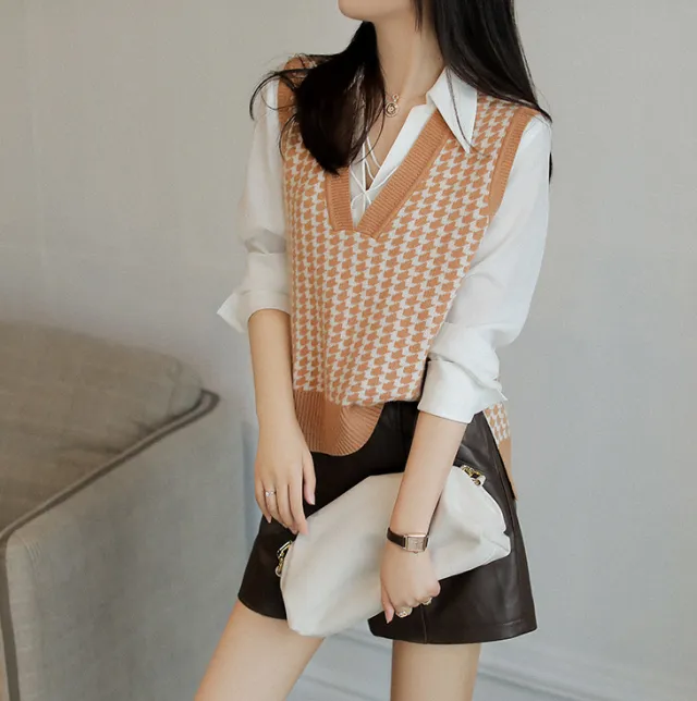 Women's Double faced Houndstooth Wool Knitted Vest Apricot - Shop at LoveMi