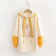 Ethnic Style Color-blocking Koi Embroidery Sweatshirt Plus Velvet Mid-length Hooded Jacket - Khaki - View 1