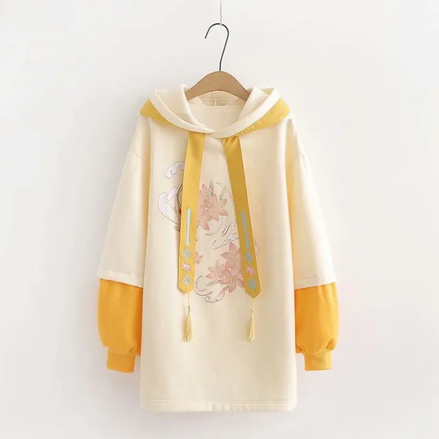 Ethnic Style Color blocking Koi Embroidery Sweatshirt Plus Velvet Mid length Hooded Jacket Khaki - Shop at LoveMi