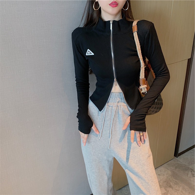 Women's Double Zip Slim Fit Long Sleeve Short Top