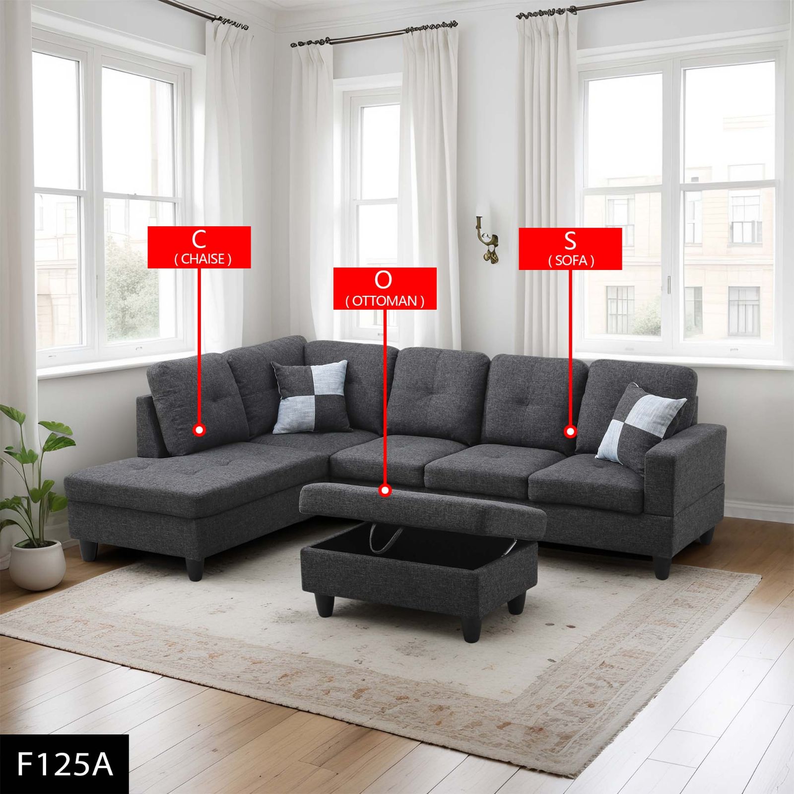 Pickup Only--Black Grey Linen 3-Piece Couch Living Room Sofa Set