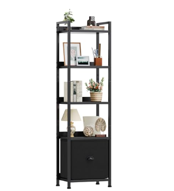 5-layer Bookshelf, Bookcase With Fabric Drawers, Wooden And Metal Storage Boxes image 2