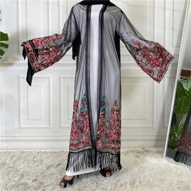 Women's Cardigan Embroidered Mesh Gown Black Cashew Flower - Shop at LoveMi