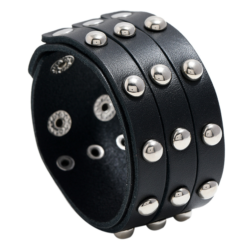 Cowhide Bracelet Three Rows Of Rivets Men's Wide Leather Bracelet