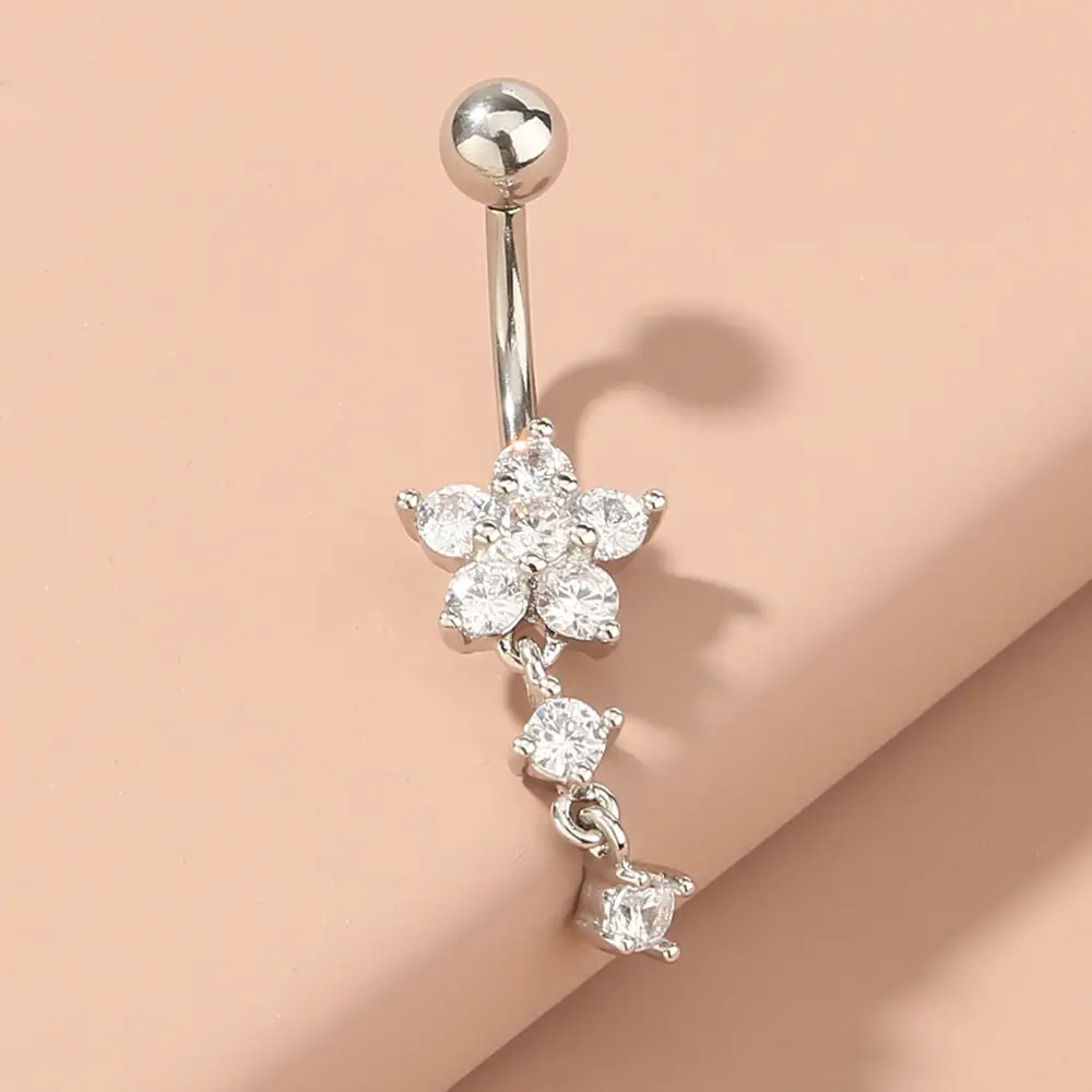 Flower Zircon Belly Button Ring With Diamond Inlaid Zircon Belly Button Nail