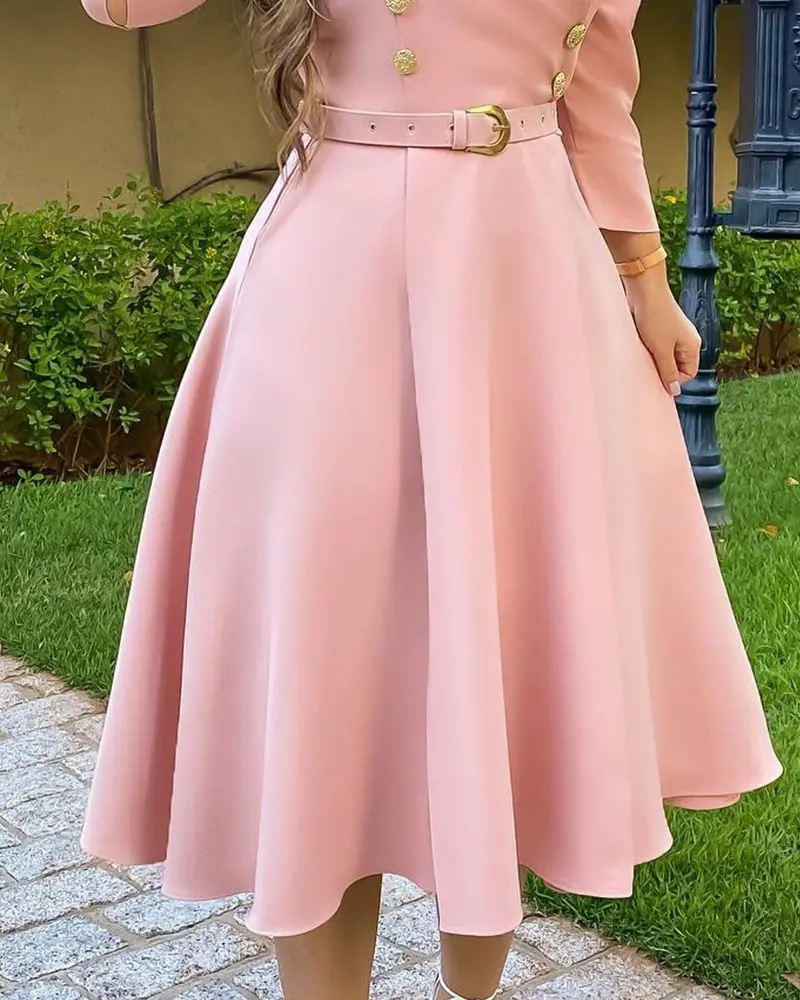Long Lapel Pleated Strap Waistband Dress B019a5ee C3a5 4ad1 B76c 658744e18e20