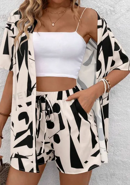 Women's Printed Open Front Shirt And Shorts Set Apricot - Shop at LoveMi