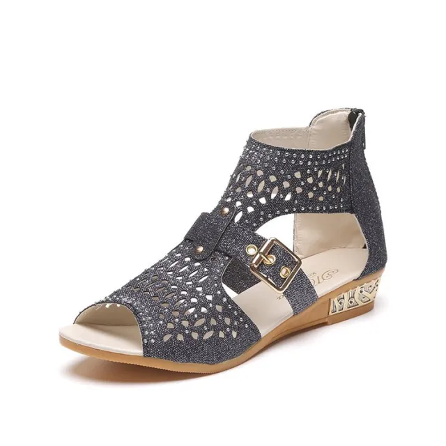 New Style Women's Sandals Plus Size Wedge Heel Sandals Rhinestone Mid Heel Flat Shoes Black - Shop at LoveMi