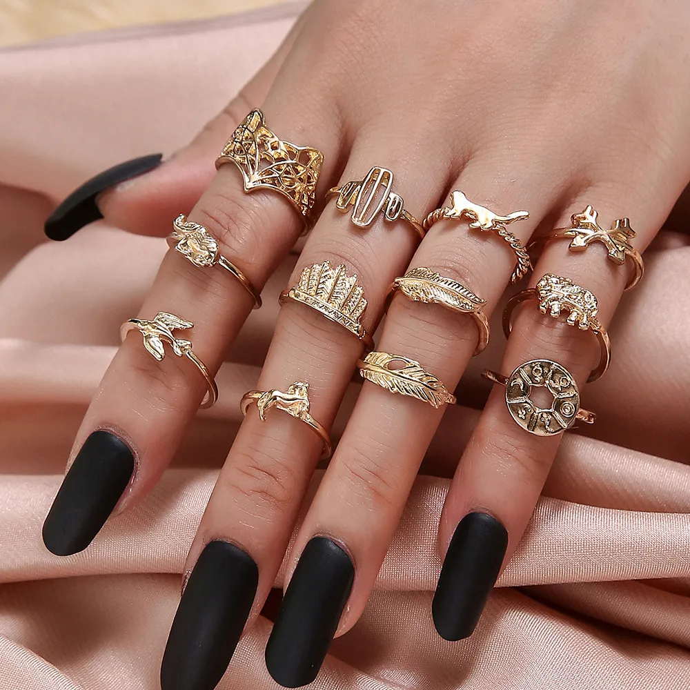 Retro Alloy Set Leaf Fox Elephant Ring 12-piece Set - Gold