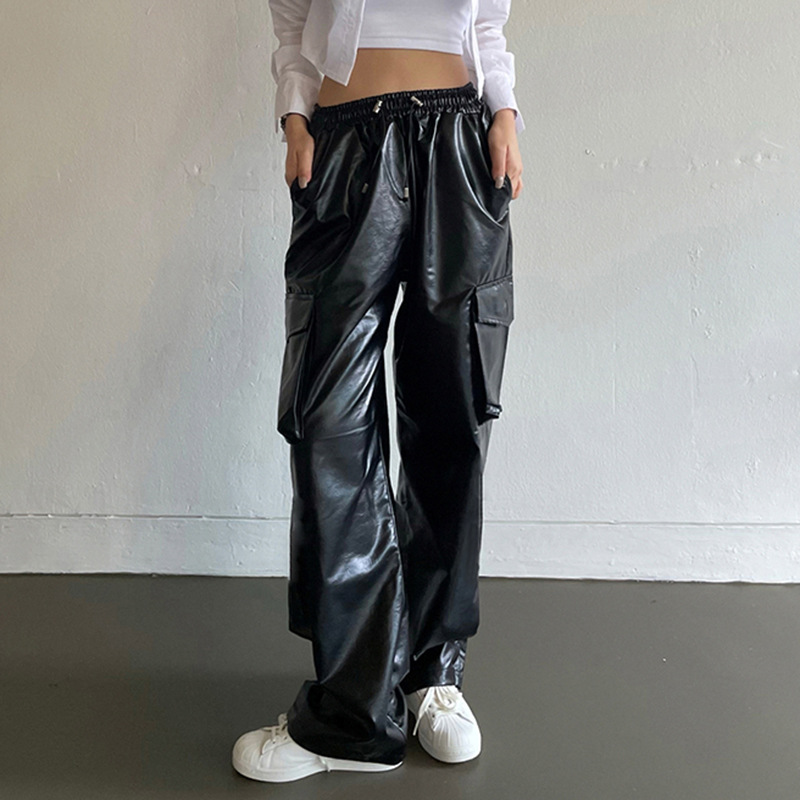 Street Pocket Tooling Leather Straight Leg Pants Elastic Waist Wide Punk Texture