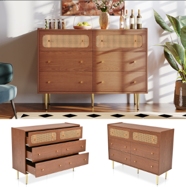Rattan Sideboard Cabinet For Living Room, Chest Of Drawers With 6 Drawers, Walnut - 40D X 120W X 90H Cm
