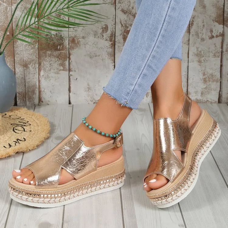 Summer Shiny Sandals Hollow Design Fish Mouth Sandal For Women Fashion Buckle Wedges Shoes - Gold