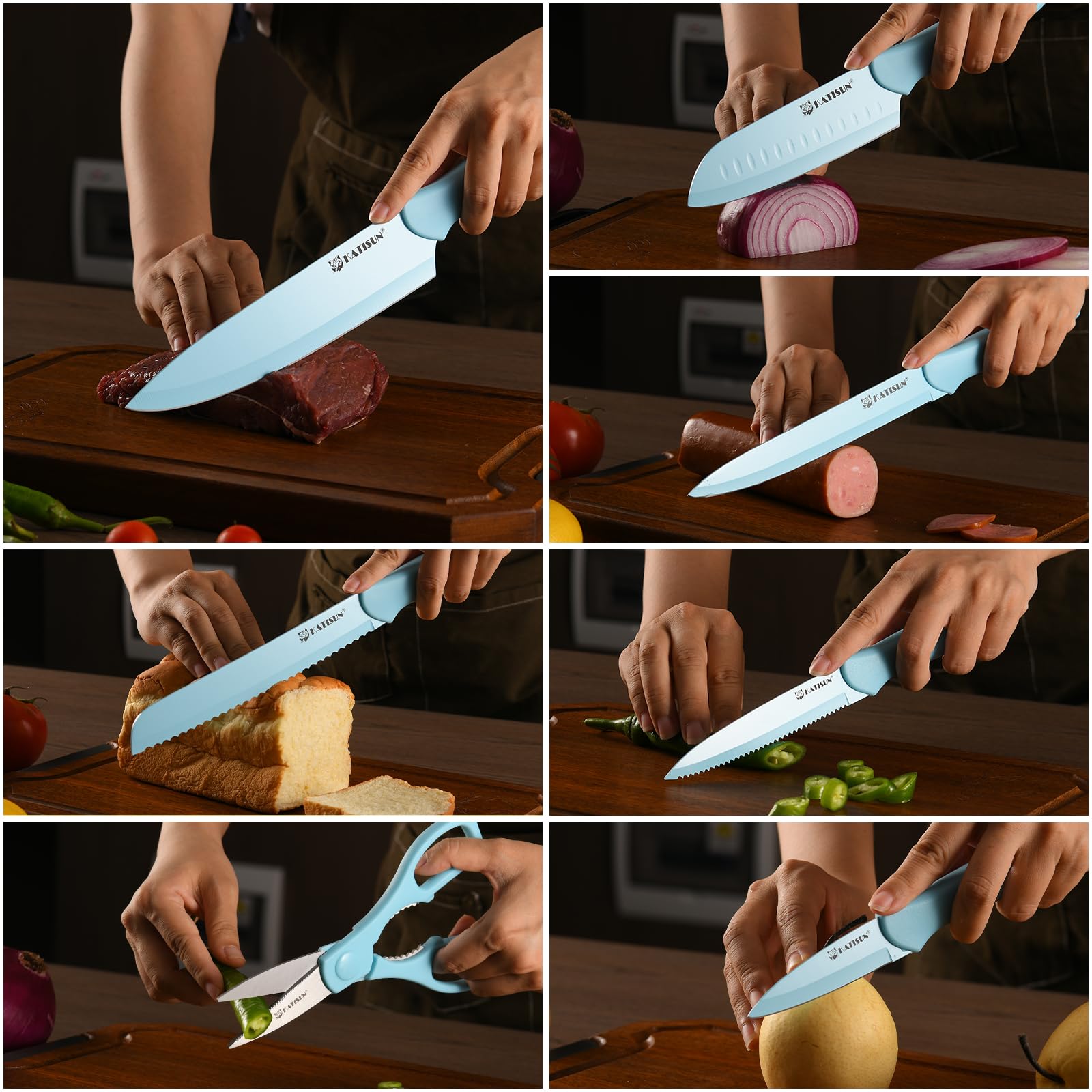 Kitchen Knife Set With Guards, 13 Piece Blue Non-Stick Stainless Steel Boxed Knives Set, Anti-Rust And Dishwasher Safe, 6 Knives With 6 Blade Covers And Kitchen Shears 5