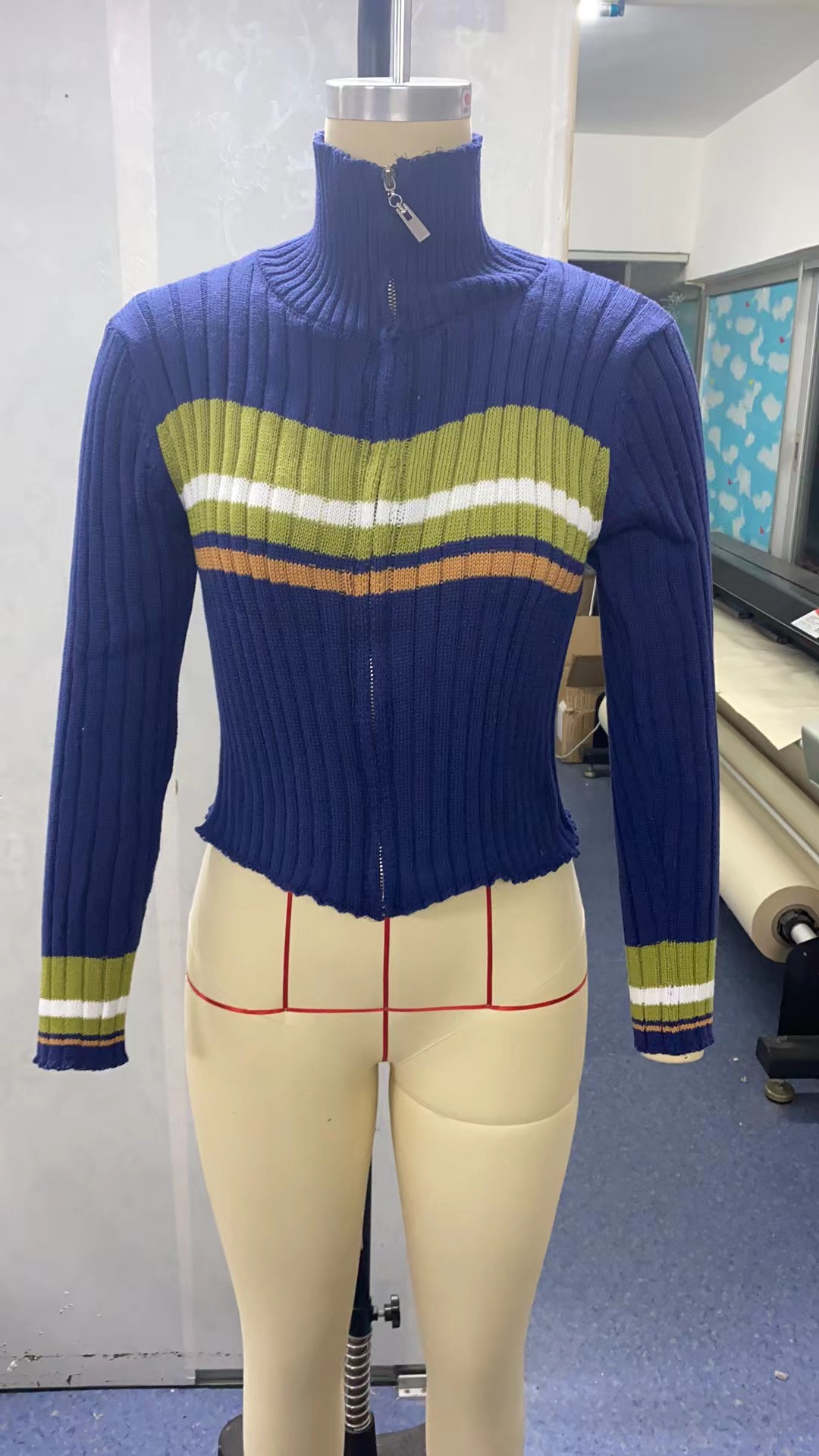 Color Matching V-neck Long Sleeve Casual Zipper Cardigan Jacket