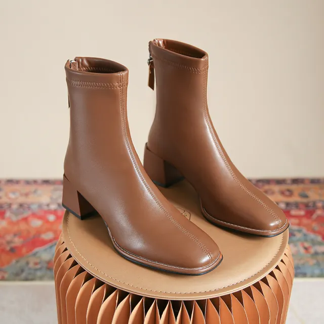 Women's New Square Toe Chunky Heel Leather Ankle Boots Brown - Shop at LoveMi