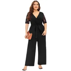 Women's Deep V Neck Lace Short Sleeve Plus Size Jumpsuit - Black - View 1