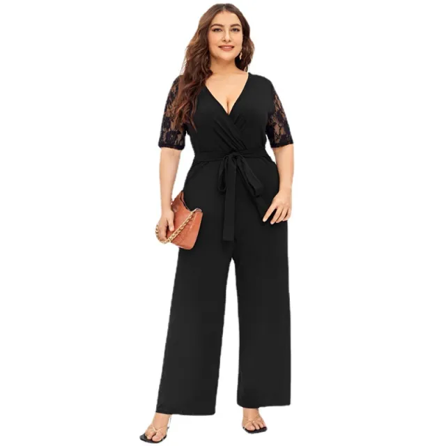 Women's Deep V Neck Lace Short Sleeve Plus Size Jumpsuit Black - Shop at LoveMi