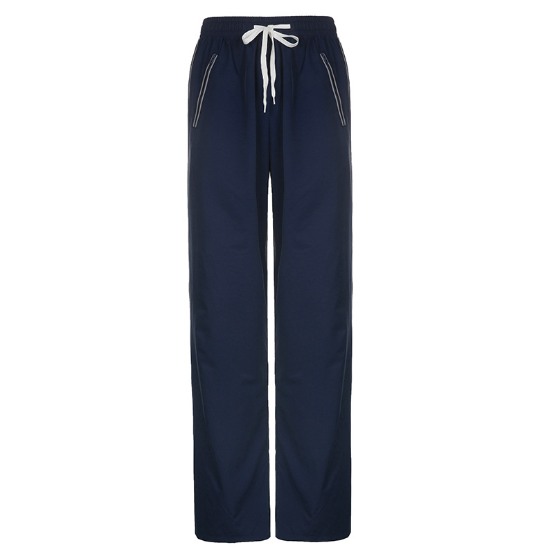 Elastic Lace Up High Waist Loose Casual Trousers Navy - Shop at LoveMi