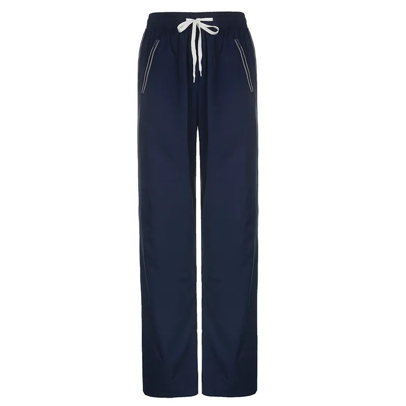 Elastic Lace Up High Waist Loose Casual Trousers - Navy Blue