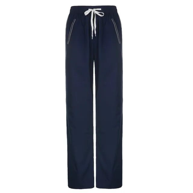 Elastic Lace Up High Waist Loose Casual Trousers Navy Blue - Shop at LoveMi