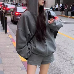 Grey Galaxy Thin And Glittering Hooded Fleece-lined Sweater - Shiny Coat - View 1