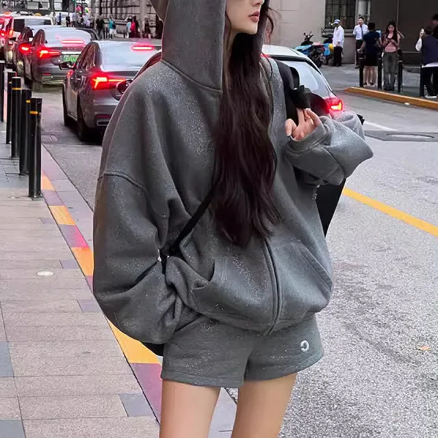 Gray Galaxy Thin And Glittering Hooded Fleece lined Sweater Shiny Coat - Shop at LoveMi