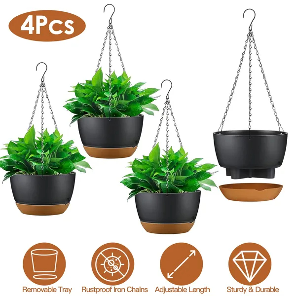 4Pcs 9.64In Diameter Hanging Planter With Drainage Holes Removable Self-Watering Tray Plastic Hanging Flower Plant Pots For Indoor Outdoor Herb Ivy Fern