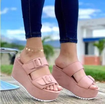 Heighten Adult Daily Wedge Heel Three color Buckle Shoes Pink - Shop at LoveMi