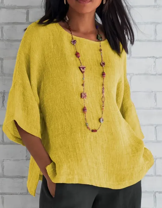 Women Fashion Casual Shirts Solid Color 3 4 Sleeve Round Neck Blouses Summer Loose Tops Streetwear Yellow - Shop at LoveMi