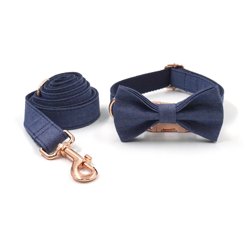 Rose Gold Buckle Lettering Deep Denim Pet Collar Dog Leash Dog Bow Set - Rose Gold Deep Denim