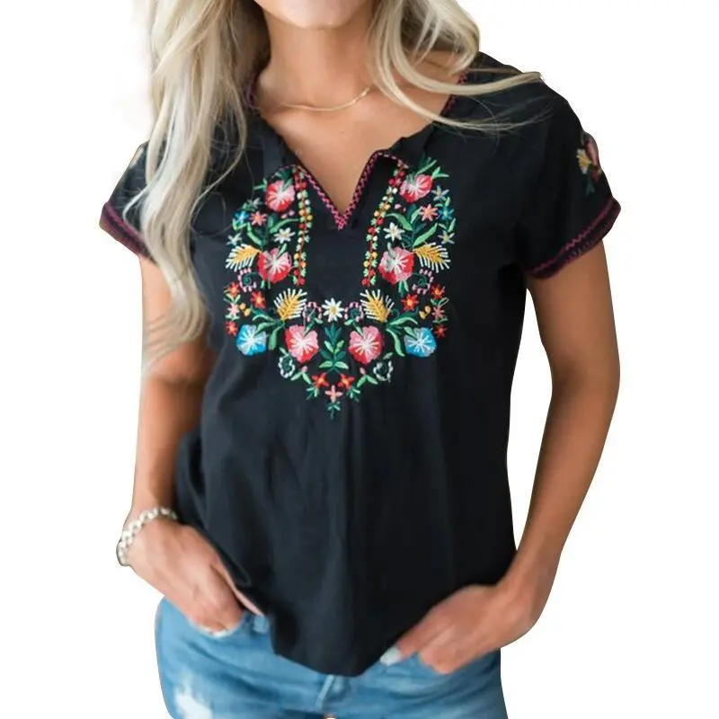 Spring Summer Retro Embroidered Short Sleeve T-Shirt Women - Black