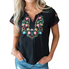 Spring Summer Retro Embroidered Short Sleeve T-Shirt Women - Black - View 1