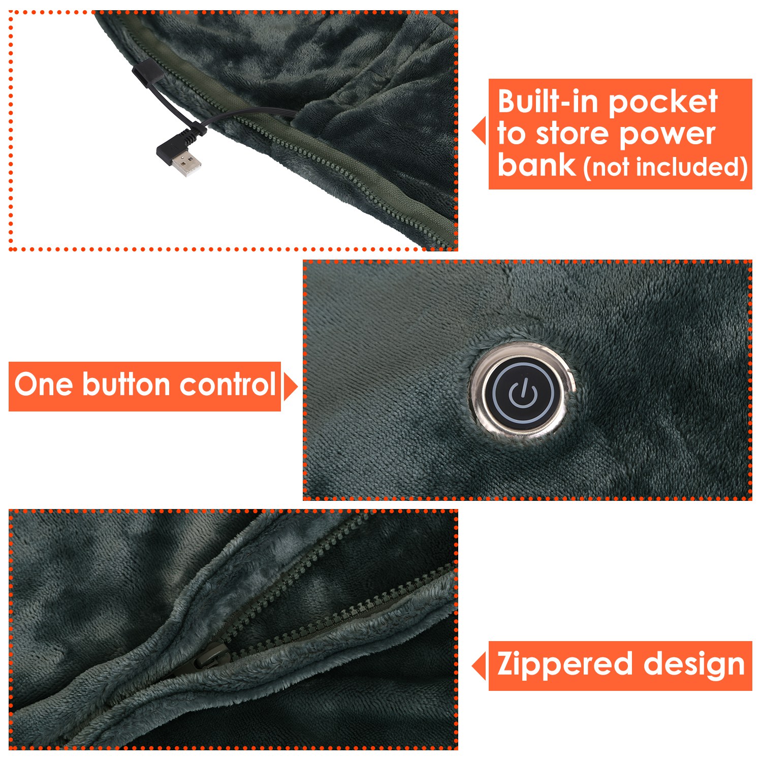 1Pc  59x31in USB Heated Blanket Electric Heated Blanket Heated Poncho Shawl Wrap Throw With Zipper Washable For Home Office No Power Bank Compatible With CJCD2415461 — foto 9