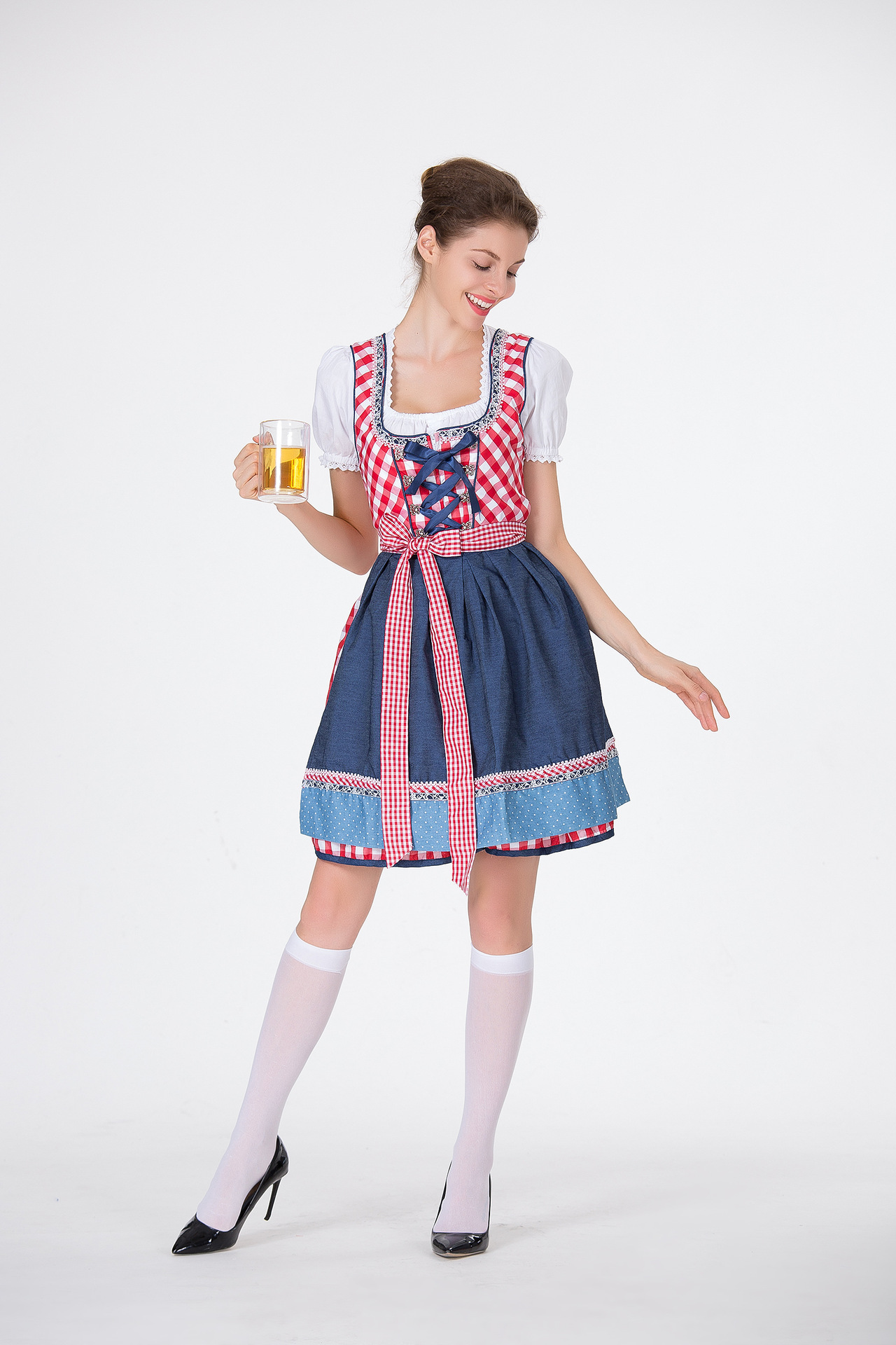 Traditional Bavarian Beer Dress. Product information: Fabric Name:Cotton Blend Main fabric composition: polyester fiber (polyester) Size Information: Size/CM Lenght Bust Waist S 89 82 66 M 90 86 70 L 91 90 74 XL 92 94 78 XXL 93 98 82 Note: 1. Asian sizes 