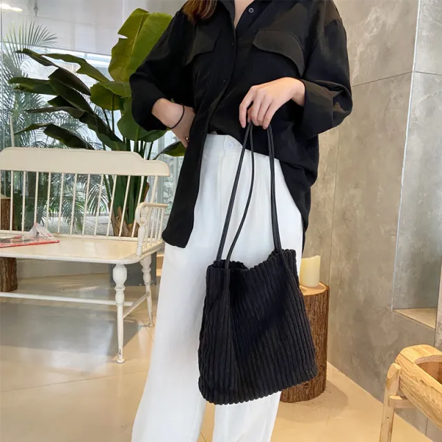 Casual Tote Bag Corduroy Bucket Black - Shop at LoveMi