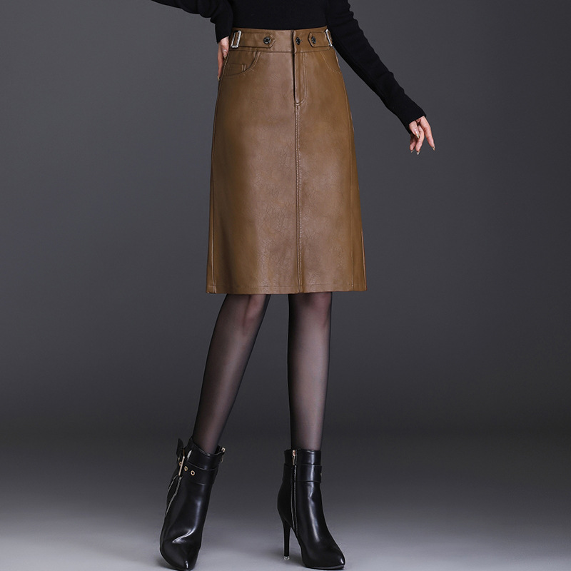 Women's Slim Mid-length Casual High-waist Leather Skirt